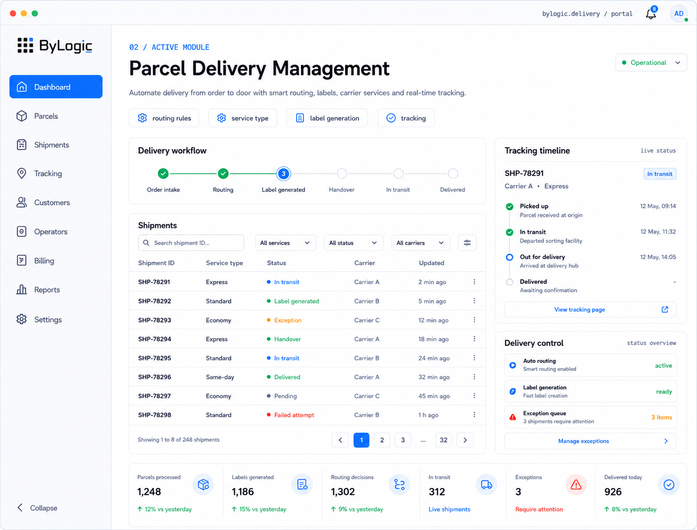 Parcel Delivery Management interface preview