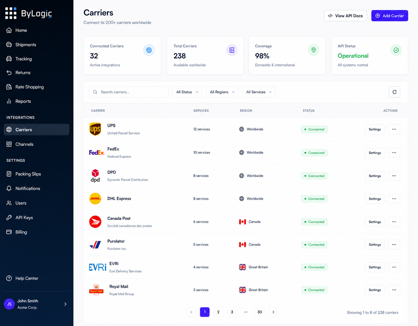Universal Carrier Integration interface preview